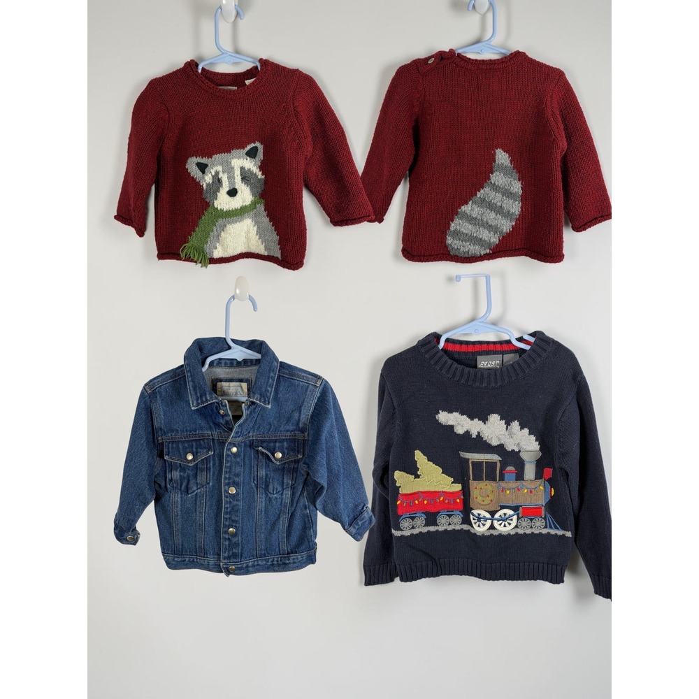 LOT of 3 Zara Baby Raccoon Sweater Vintage Denim Jacket Train Sweater Boys 2T-4T